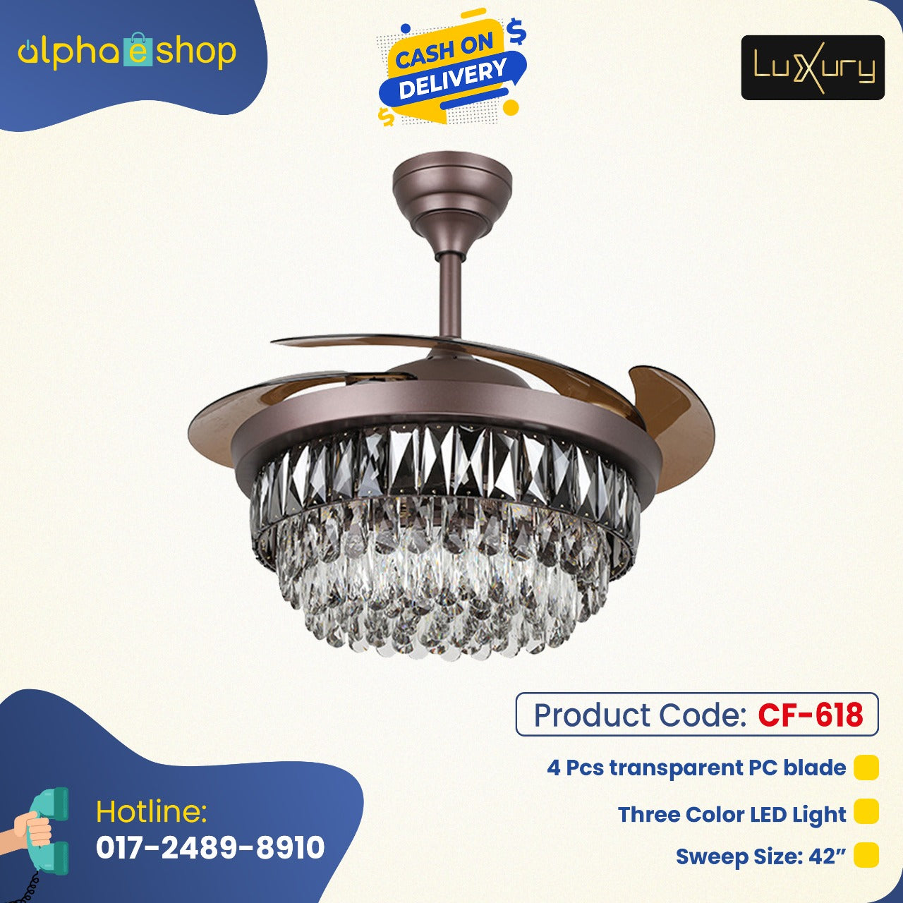 Luxury 42’’ Retractable Crystal Silent 3 Light Change LED Chandelier with Remote Invisible Blade Golden Crystal CF-618