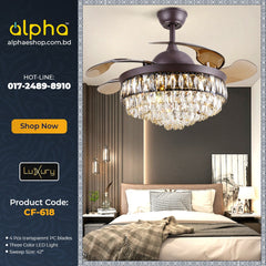 Luxury 42’’ Retractable Crystal Silent 3 Light Change LED Chandelier with Remote Invisible Blade Golden Crystal CF-618