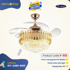 Yamada Alpha 42’’ Retractable Crystal Silent 3 Light Change LED Chandelier with Remote Invisible Blade Golden Crystal  Y-515