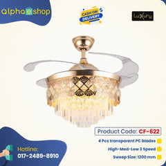 Luxury 42’’ Retractable Crystal Silent 3 Light Change LED Chandelier with Remote Invisible Blade Golden Crystal CF-622