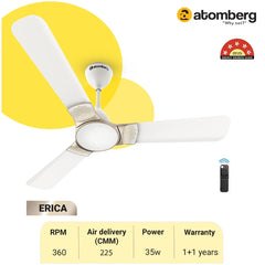 Atomberg Erica 48'' 35 W BLDC Motor Energy Saving Anti-Dust Speed Indicator Light Ceiling Fan With Remote Control ( Snow White ) AT-110