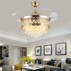 Luxury 42’’ Retractable Crystal Silent 3 Light Change LED Chandelier with Remote Invisible Blade Golden Crystal CF-622