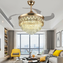 Luxury 42’’ Retractable Crystal Silent 3 Light Change LED Chandelier with Remote Invisible Blade Golden Crystal CF-622