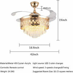 Luxury 42’’ Retractable Crystal Silent 3 Light Change LED Chandelier with Remote Invisible Blade Golden Crystal CF-622