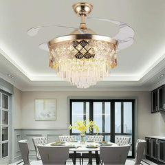 Luxury 42’’ Retractable Crystal Silent 3 Light Change LED Chandelier with Remote Invisible Blade Golden Crystal CF-622