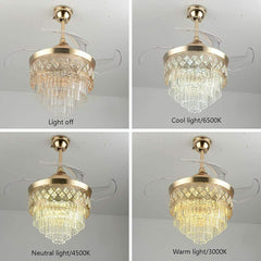 Luxury 42’’ Retractable Crystal Silent 3 Light Change LED Chandelier with Remote Invisible Blade Golden Crystal CF-622