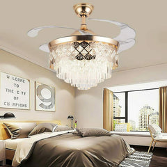 Luxury 42’’ Retractable Crystal Silent 3 Light Change LED Chandelier with Remote Invisible Blade Golden Crystal CF-622