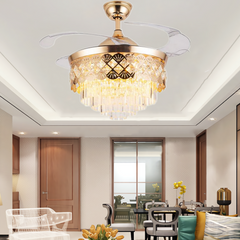 Luxury 42’’ Retractable Crystal Silent 3 Light Change LED Chandelier with Remote Invisible Blade Golden Crystal CF-622