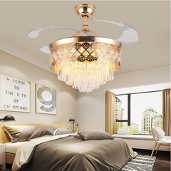 Luxury 42’’ Retractable Crystal Silent 3 Light Change LED Chandelier with Remote Invisible Blade Golden Crystal CF-622